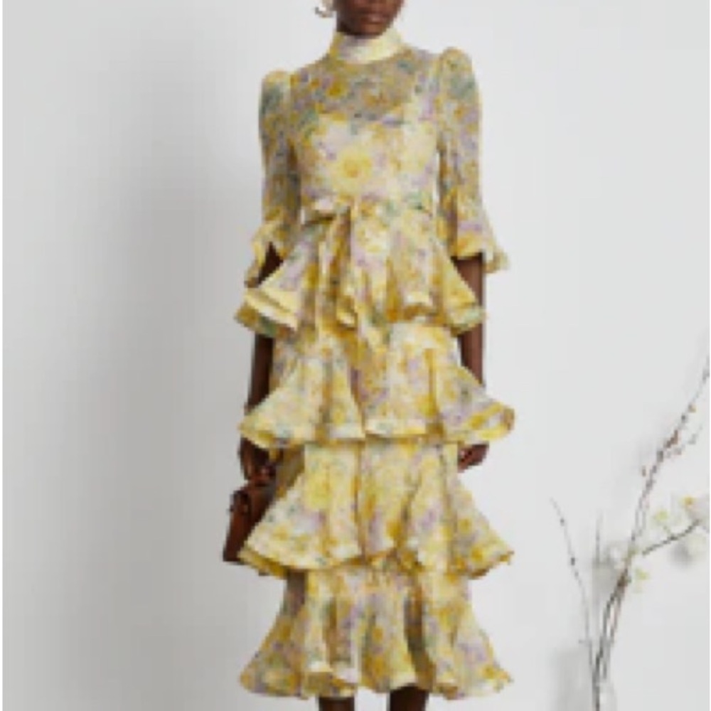Miss Rosier: Adabella Tiered Midi Dress, size Small, pale yellow